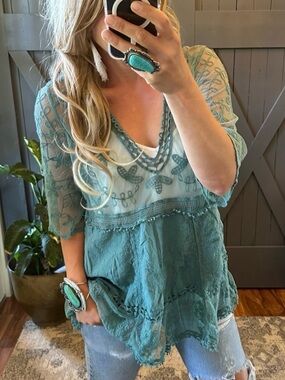 New Teal Lace Crochet Boho Folk Tunic Blouse Top Cover-Up Womens Turquoise